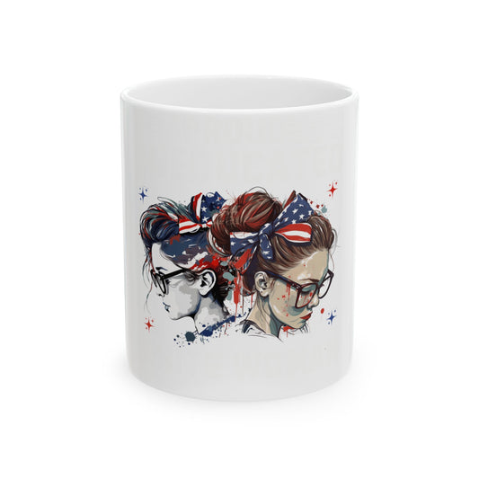 Two women with patriotic hairstyles and glasses on a white mug.