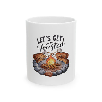 White mug with campfire illustration and "Let's Get Toasted" text.