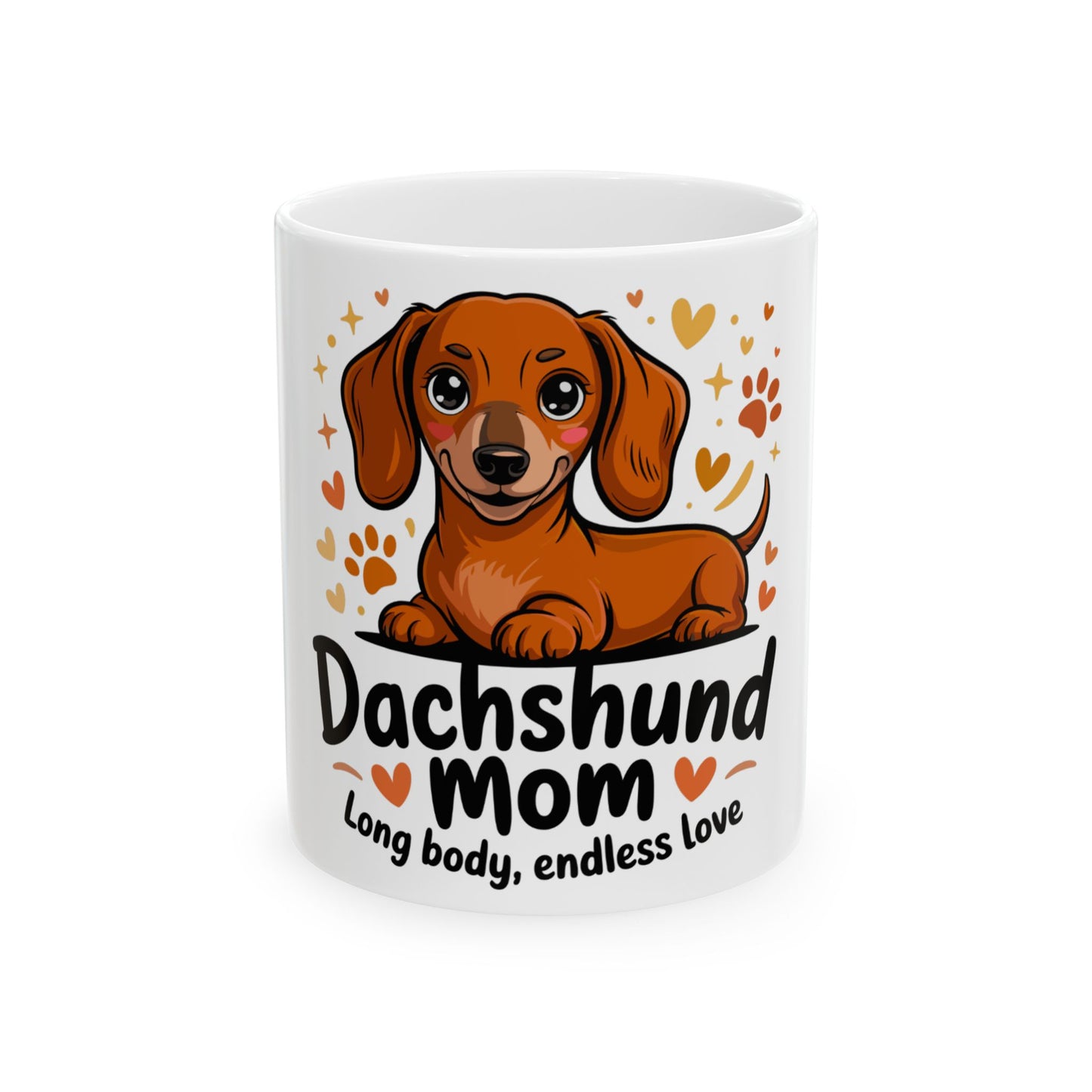 Dachshund mom mug with cartoon dog, hearts, and text.