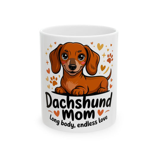 Dachshund mom mug with cartoon dog, hearts, and text.