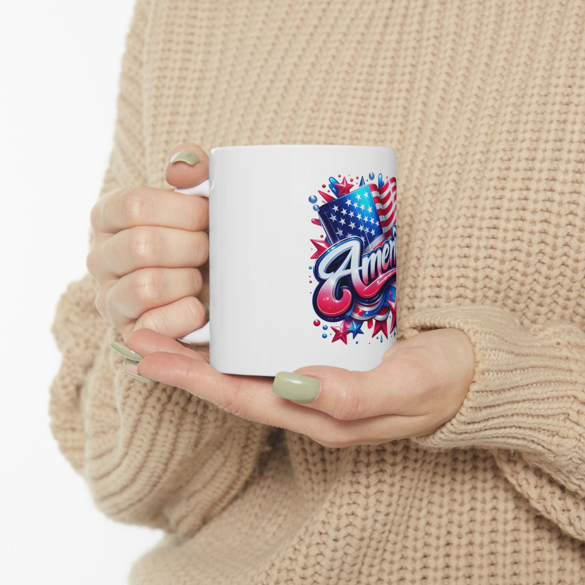 White mug with "America" graphic featuring stars and stripes.