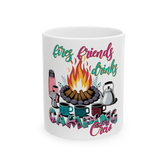 Mug with "fires friends drinks camping crew" text and camping elements.