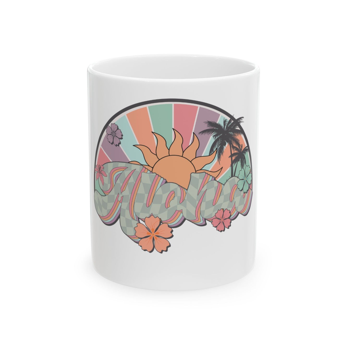 Retro Aloha graphic with sun, palm trees, and flowers on a white mug.