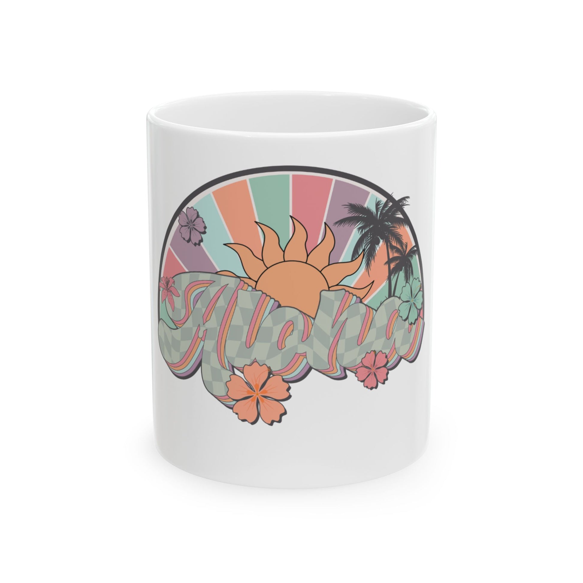Retro Aloha graphic with sun, palm trees, and flowers on a white mug.