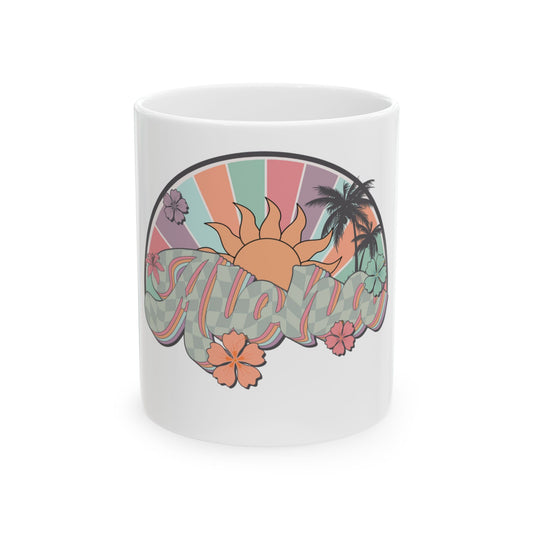 Retro Aloha graphic with sun, palm trees, and flowers on a white mug.