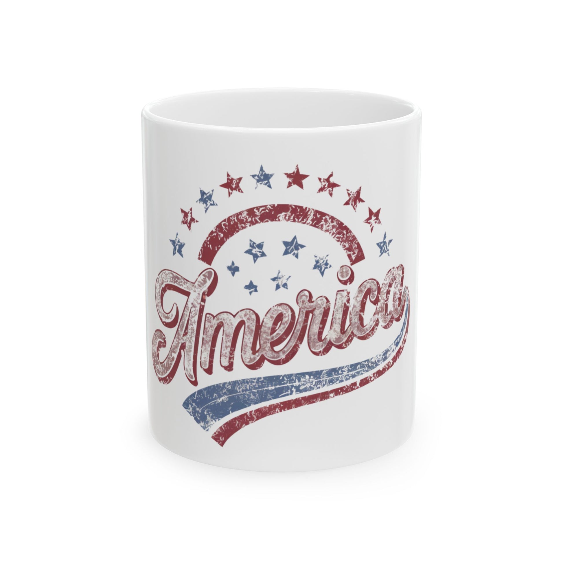 White mug with "America" in distressed red and blue text and stars.