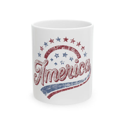 White mug with "America" in distressed red and blue text and stars.