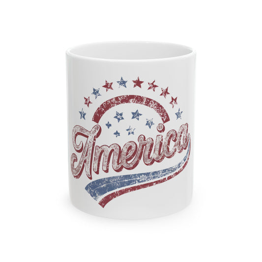 White mug with "America" in distressed red and blue text and stars.
