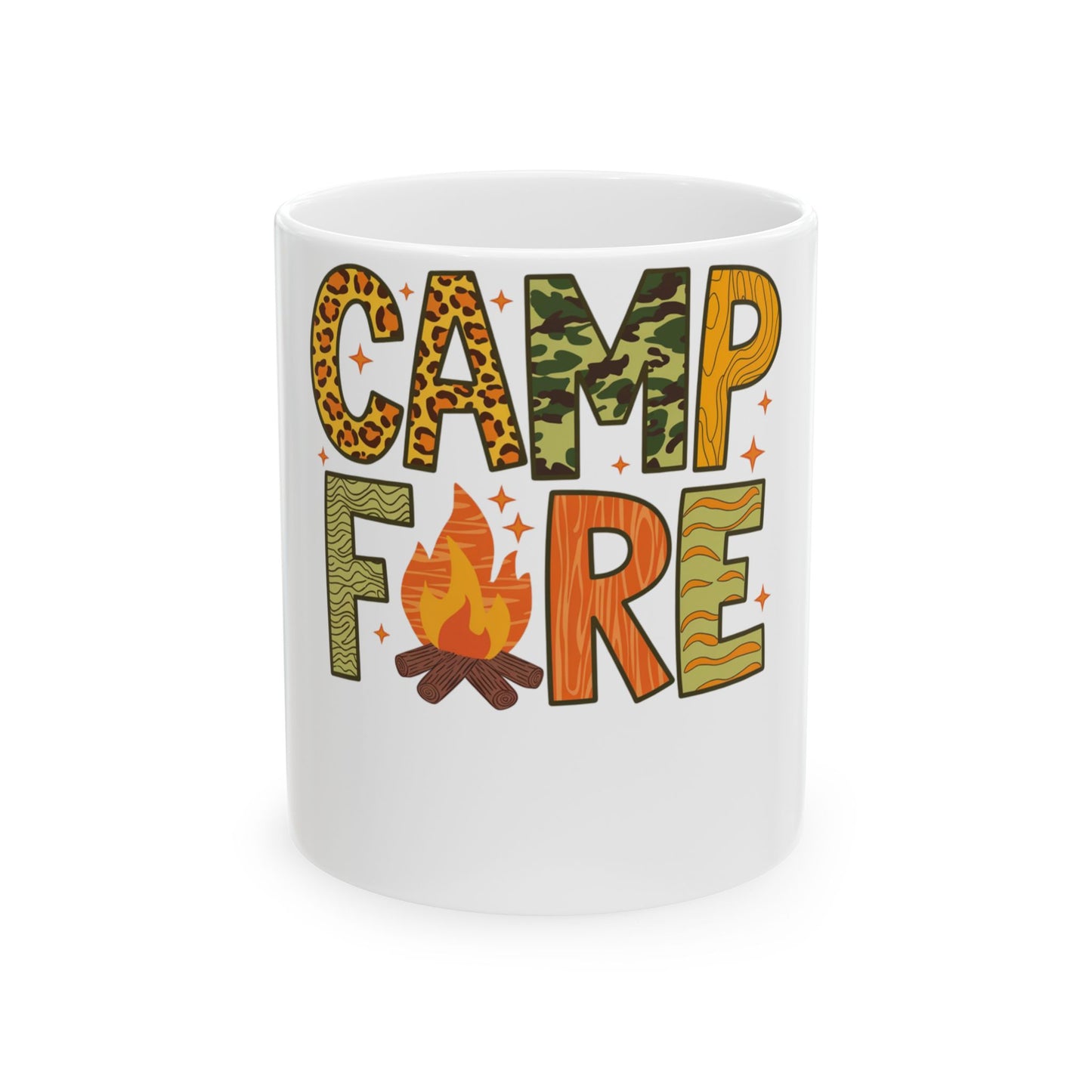 White mug with "CAMPFIRE" text in colorful, textured patterns.