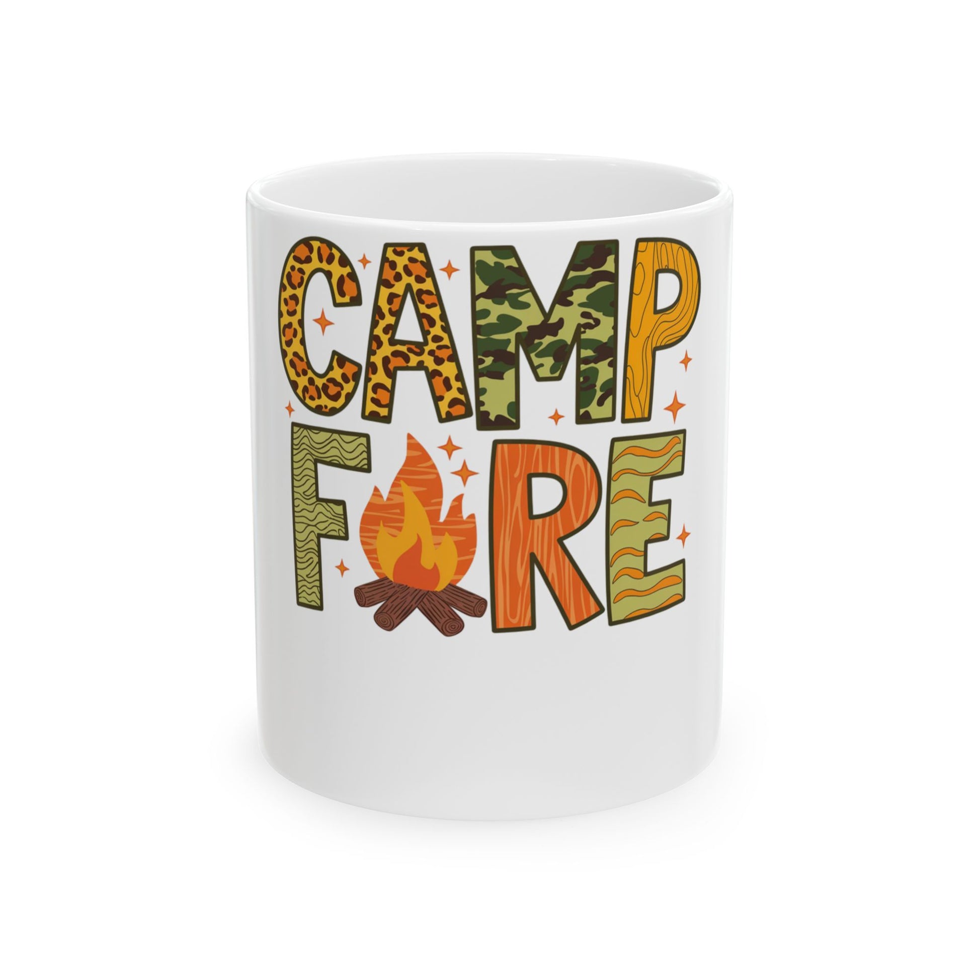 White mug with "CAMPFIRE" text in colorful, textured patterns.