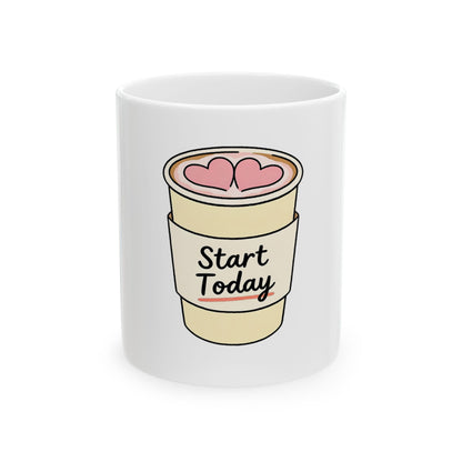 White mug with a coffee cup graphic and "Start Today" text.