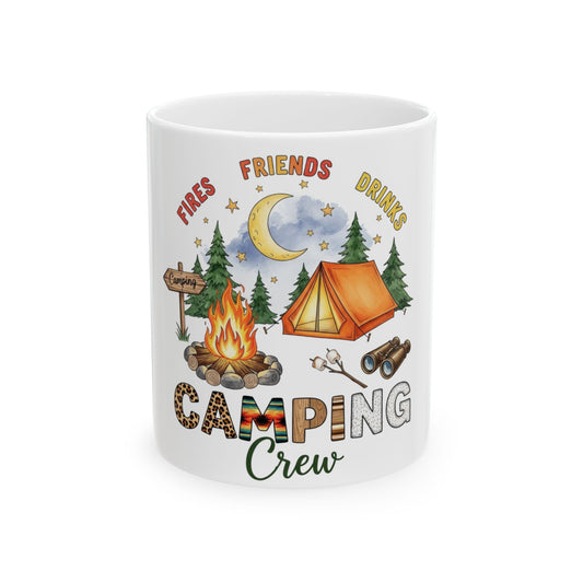 Mug with camping scene, tent, campfire, moon, and "Camping Crew" text.