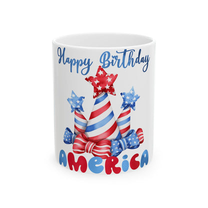 Mug with "Happy Birthday America" text and patriotic fireworks.