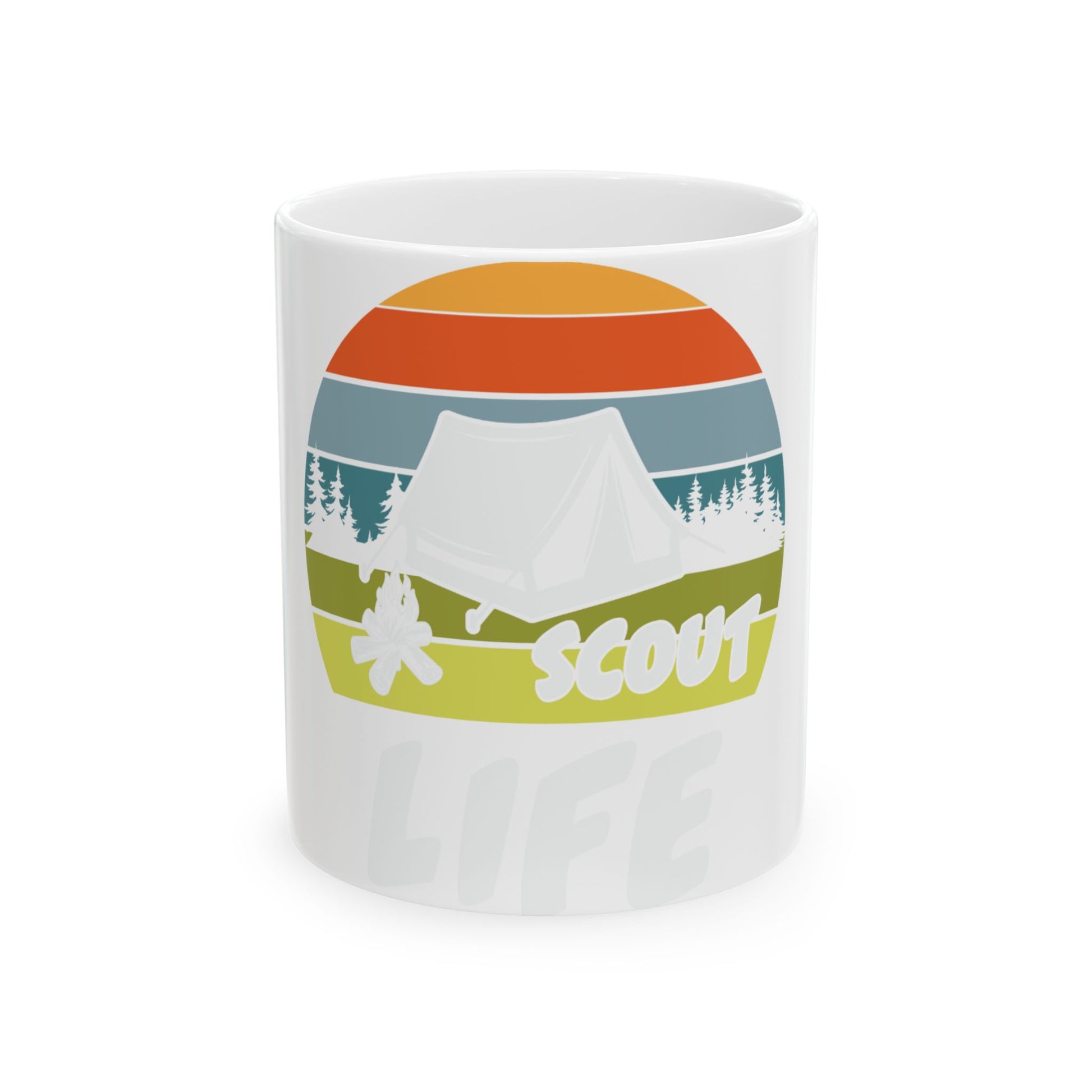 White mug with "SCOUT LIFE" text and a tent and trees graphic.
