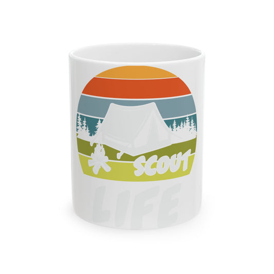 White mug with "SCOUT LIFE" text and a tent and trees graphic.