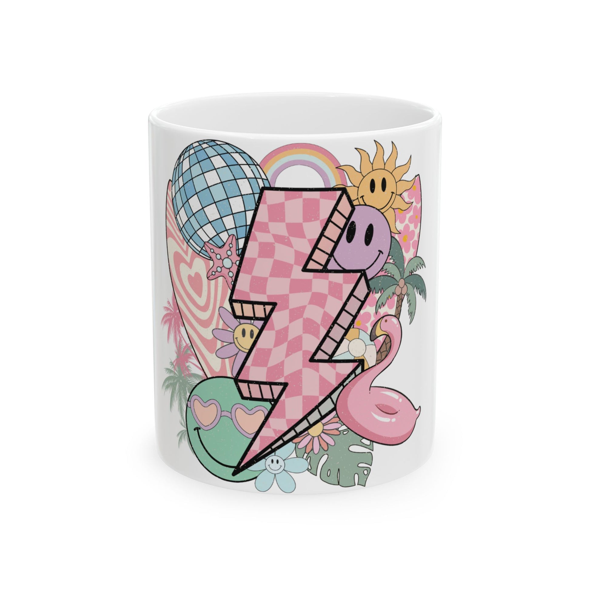 Pink checkered lightning bolt surrounded by retro summer icons on white mug.