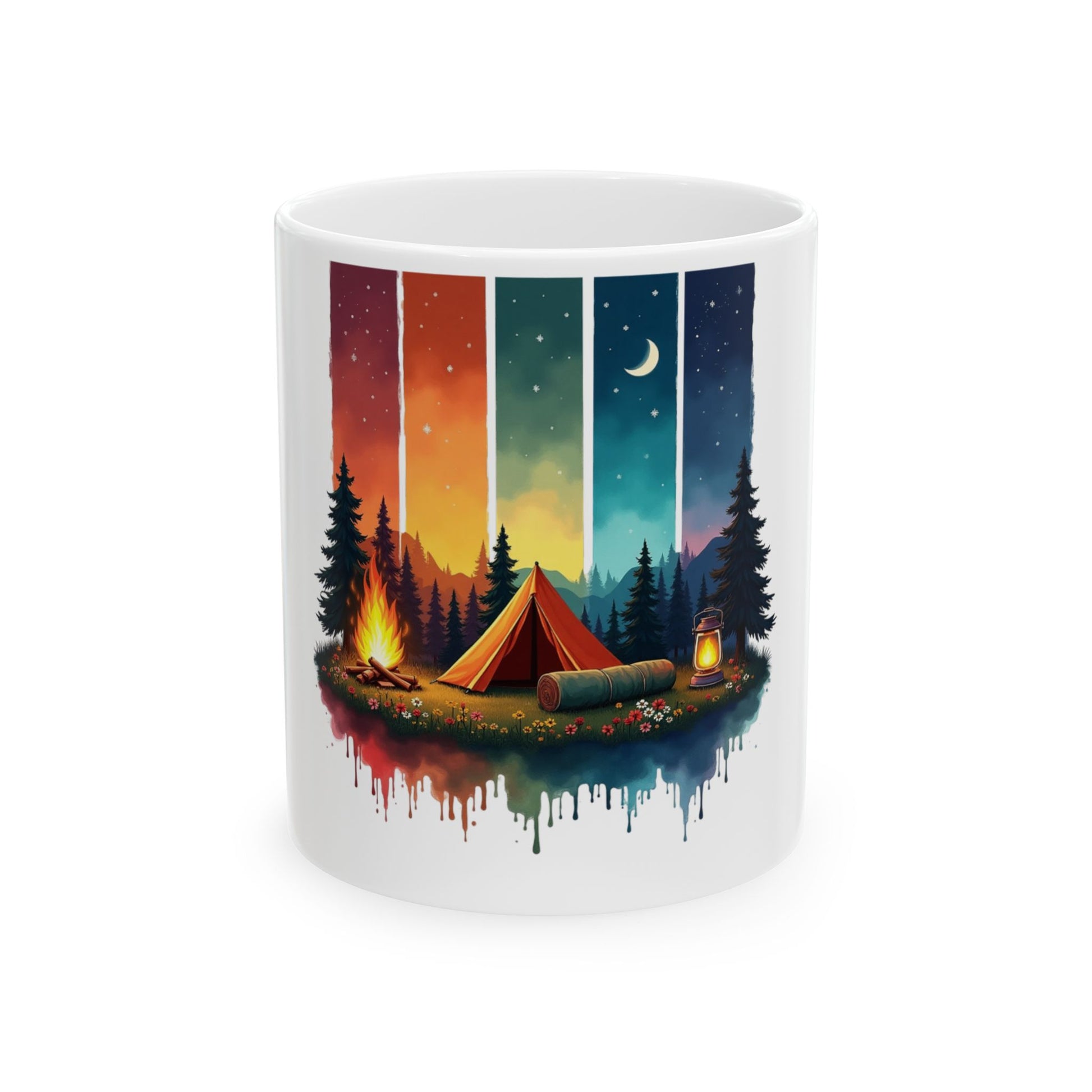 Camping scene with tent, campfire, and lantern against a colorful sunset sky.