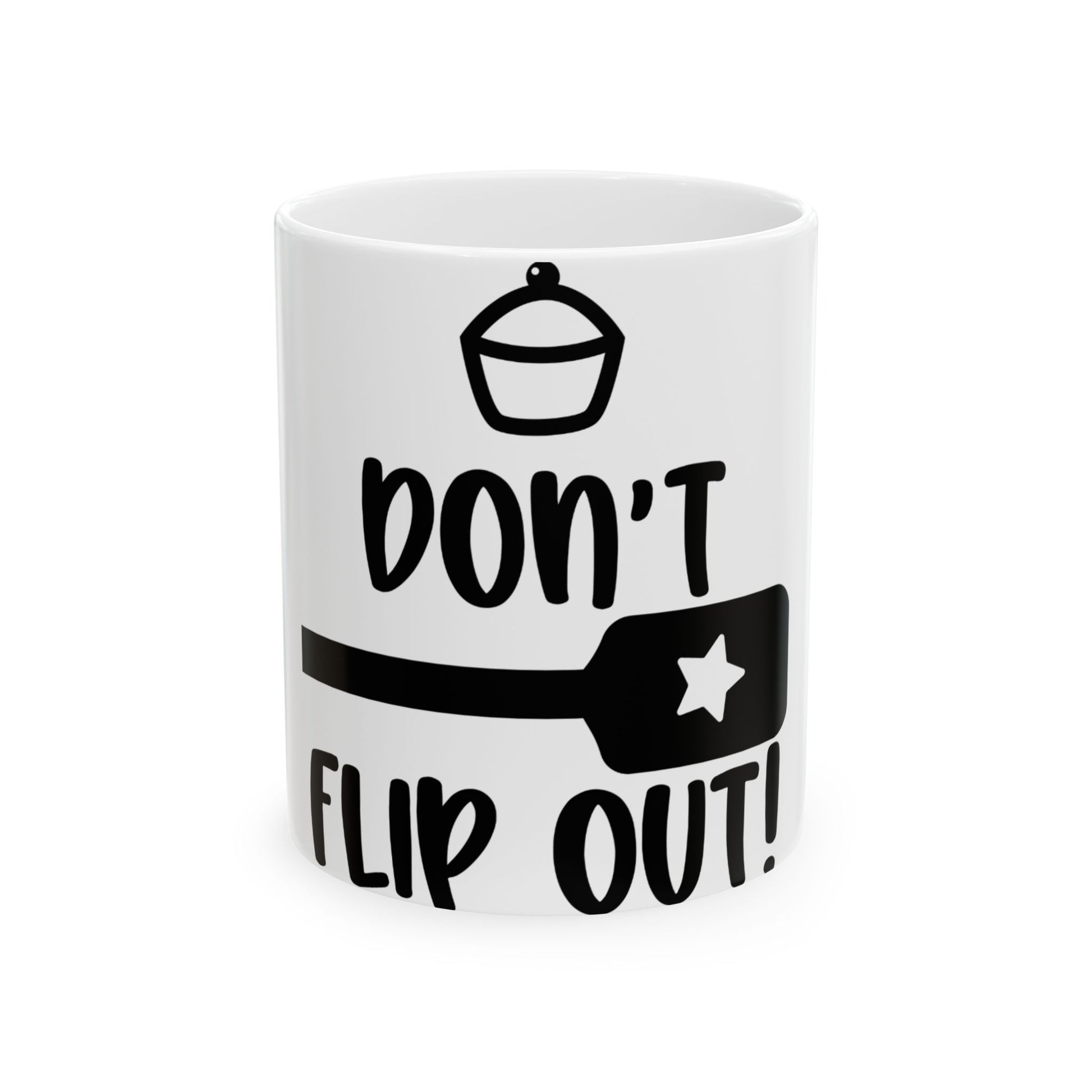 White mug with "don't flip out!" and cupcake graphic.