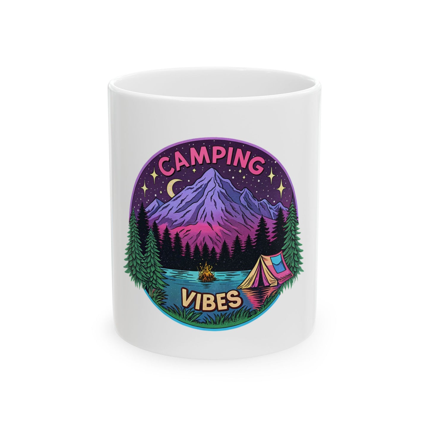 White mug with colorful camping scene and "Camping Vibes" text.