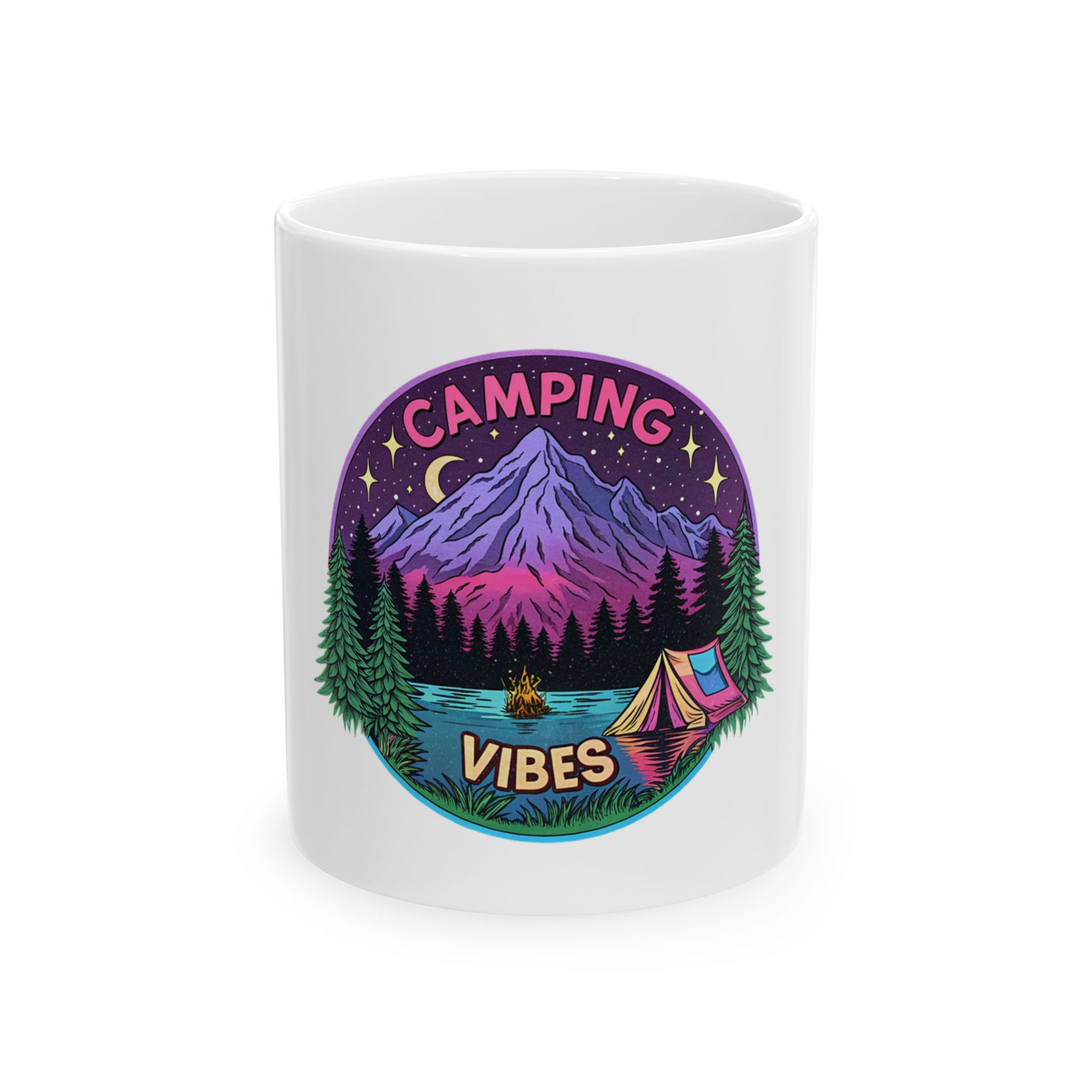 White mug with colorful camping scene and "Camping Vibes" text.