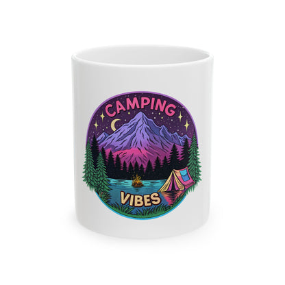 White mug with colorful camping scene and "Camping Vibes" text.