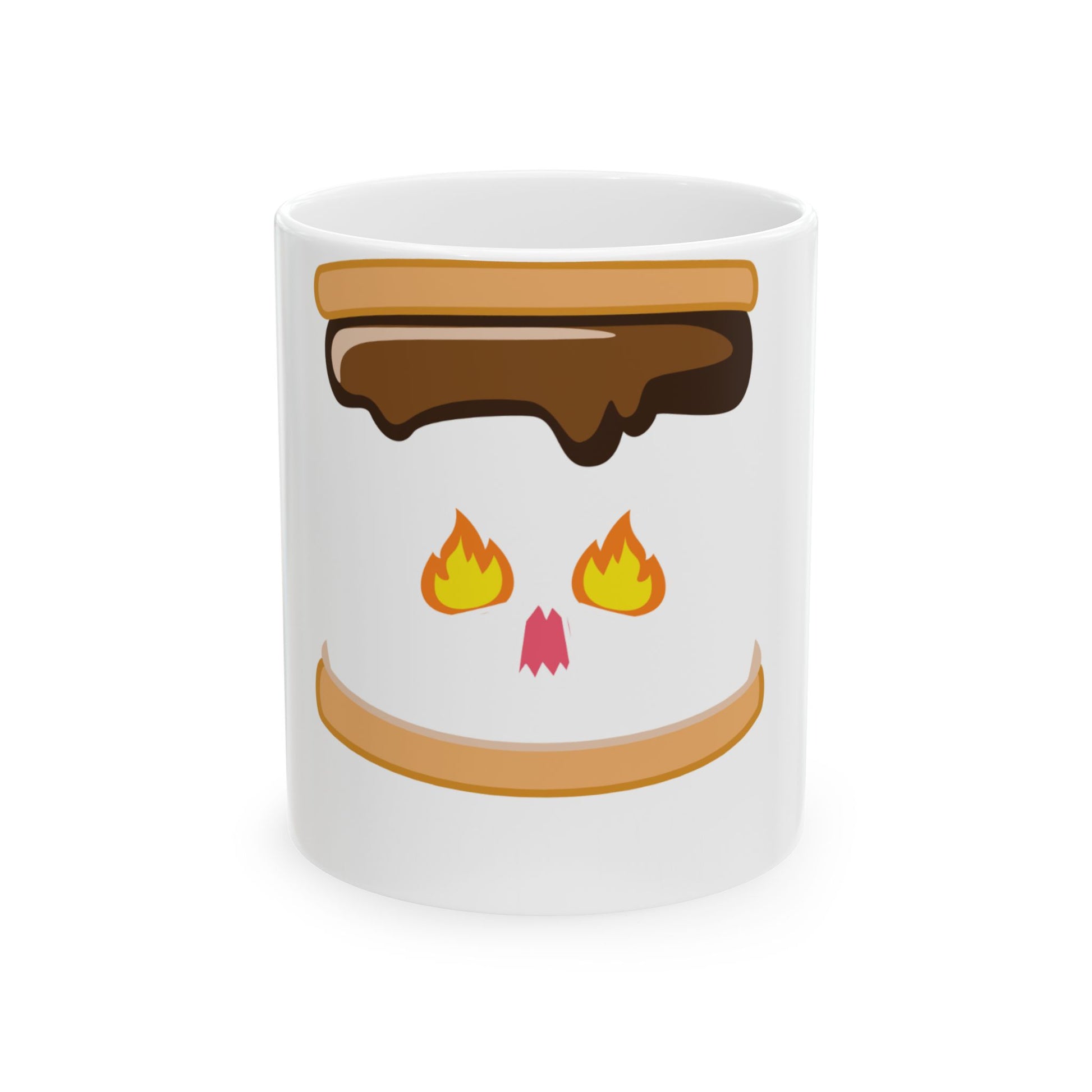 White mug with a s'mores design featuring a melted marshmallow face.