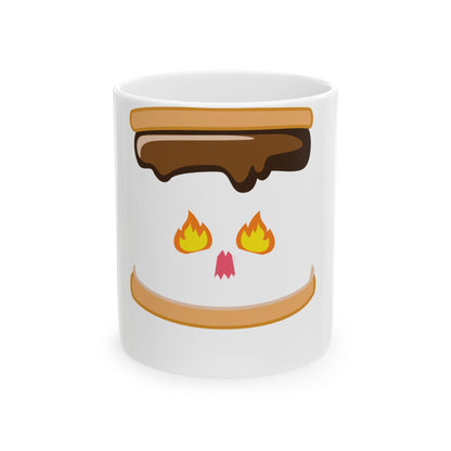 White mug with a s'mores design featuring a melted marshmallow face.