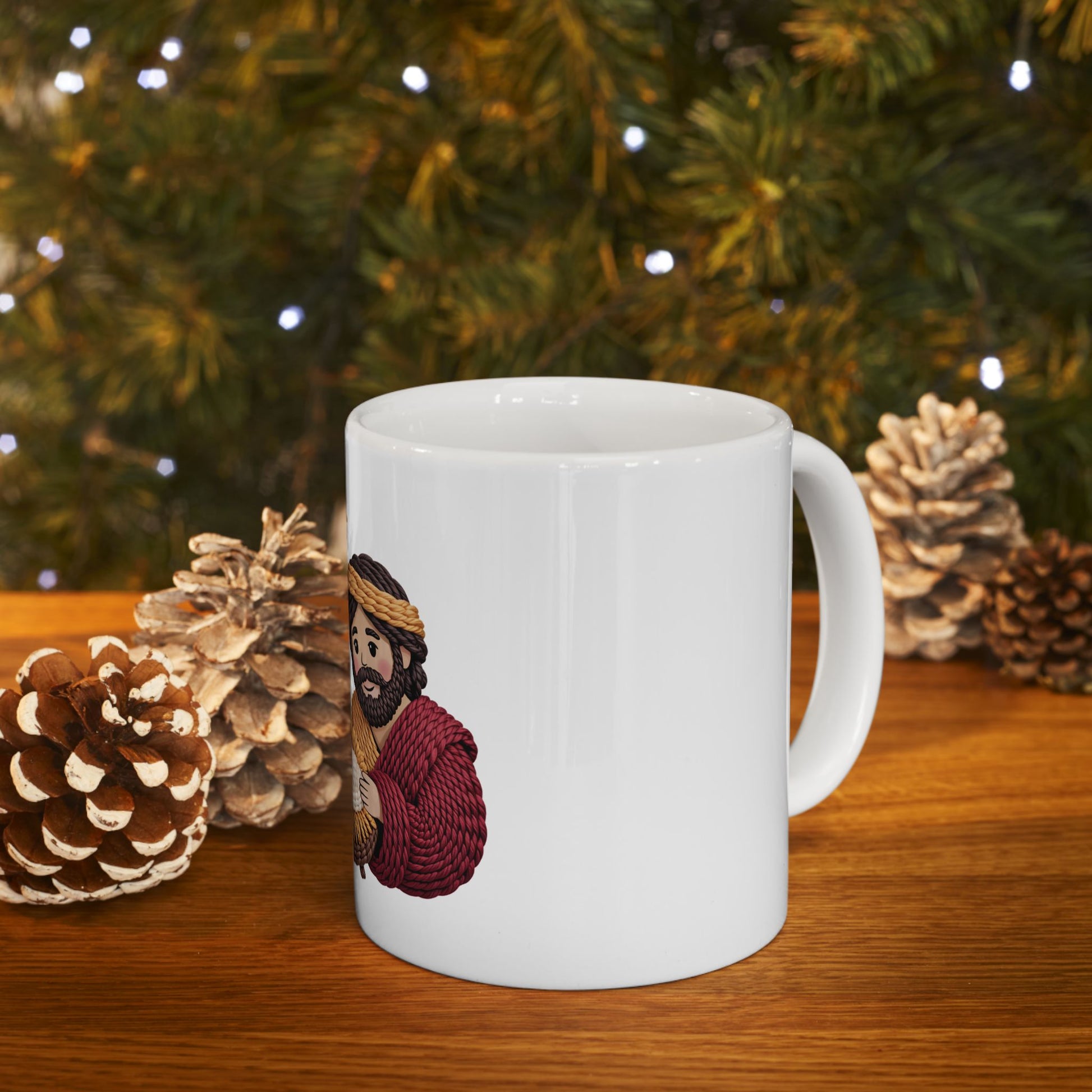 White mug with illustration of a man in a red robe and brown sandals.