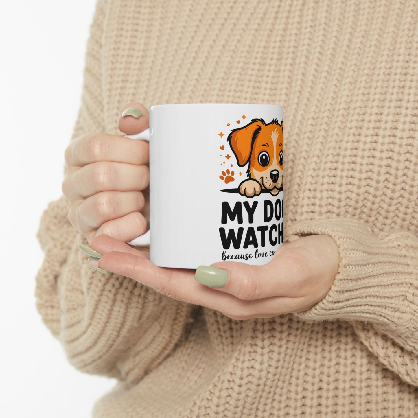 White mug with "MY DOG WATCH" and dog paw print.