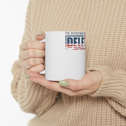 White mug with "THE DEPARTMENT OF" and an American flag design spelling "DELF".