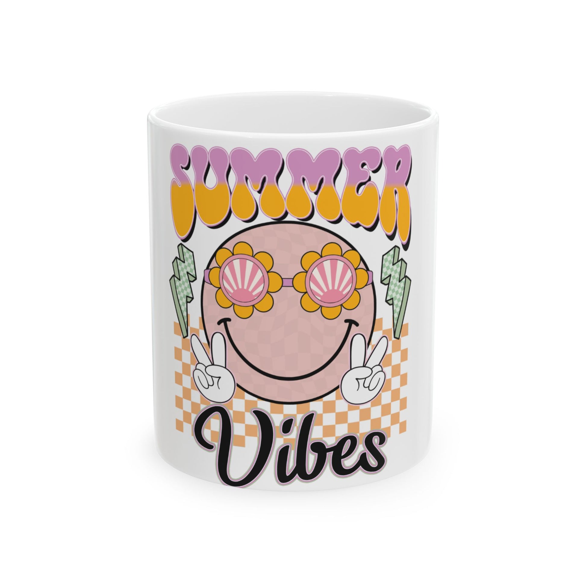 Retro smiley face with sunglasses, lightning bolts, and text "SUMMER Vibes" on a mug.