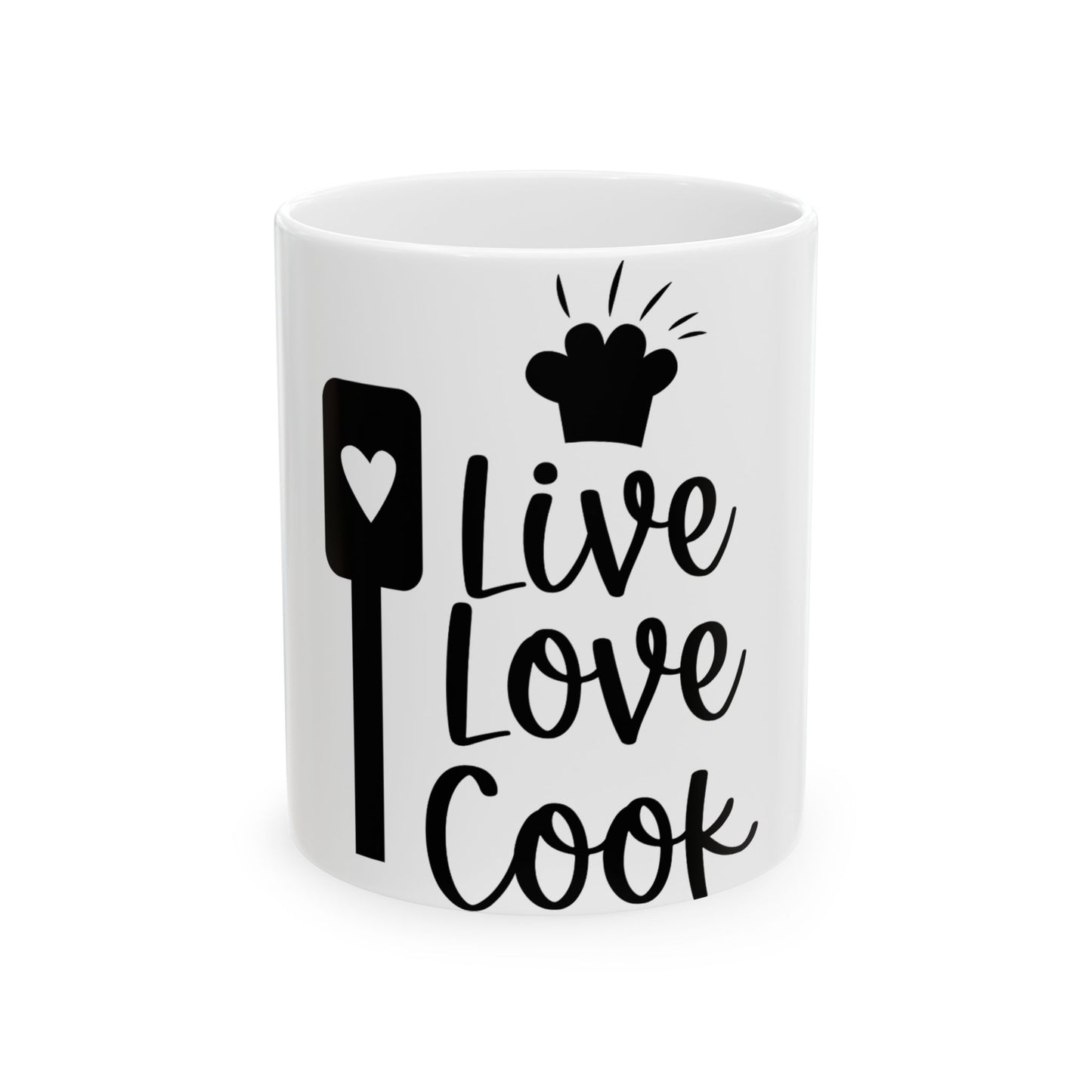 White mug with "Live Love Cook" and chef hat design.