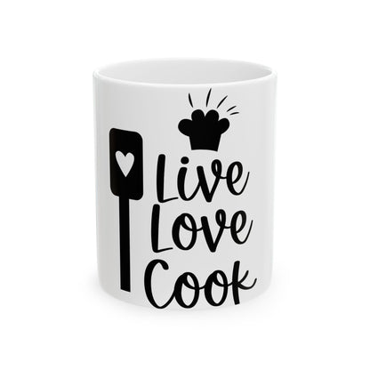 White mug with "Live Love Cook" and chef hat design.