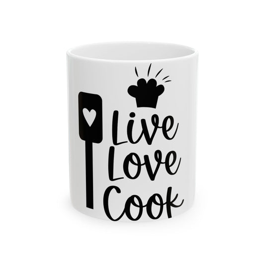 White mug with "Live Love Cook" and chef hat design.