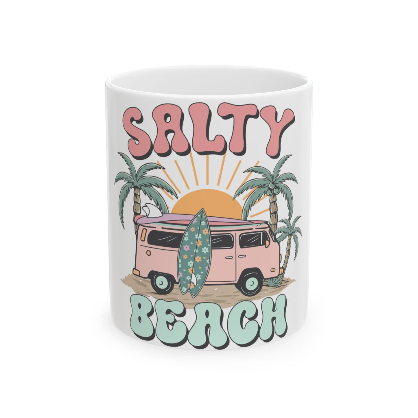 Pink van with surfboard on beach with palm trees and text "Salty Beach".