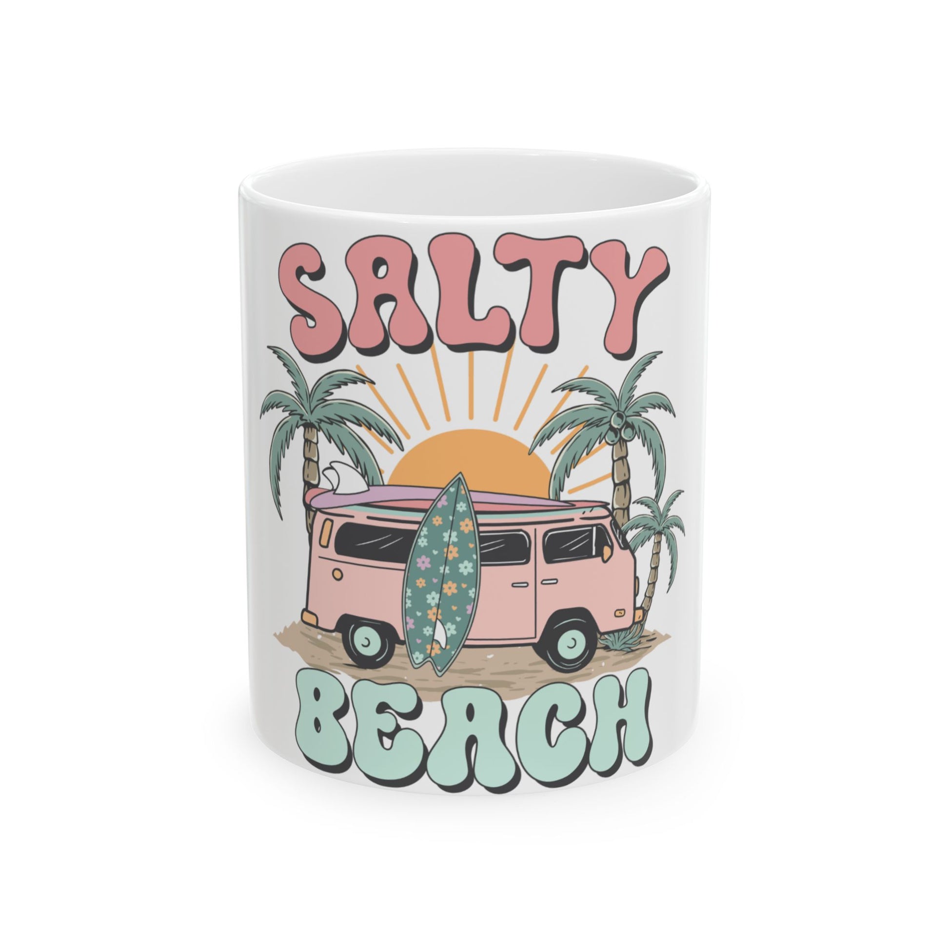 Pink van with surfboard on beach with palm trees and text "Salty Beach".