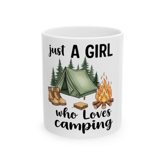 Mug with "just a girl who loves camping" and camping illustrations.