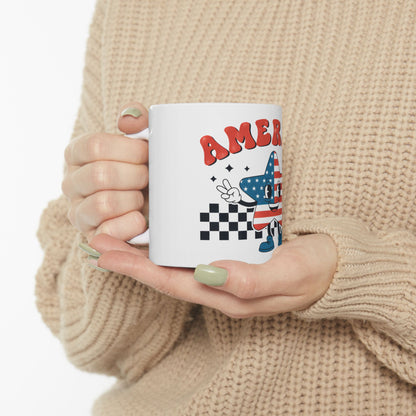 White mug with American flag star mascot and checkered flag pattern.