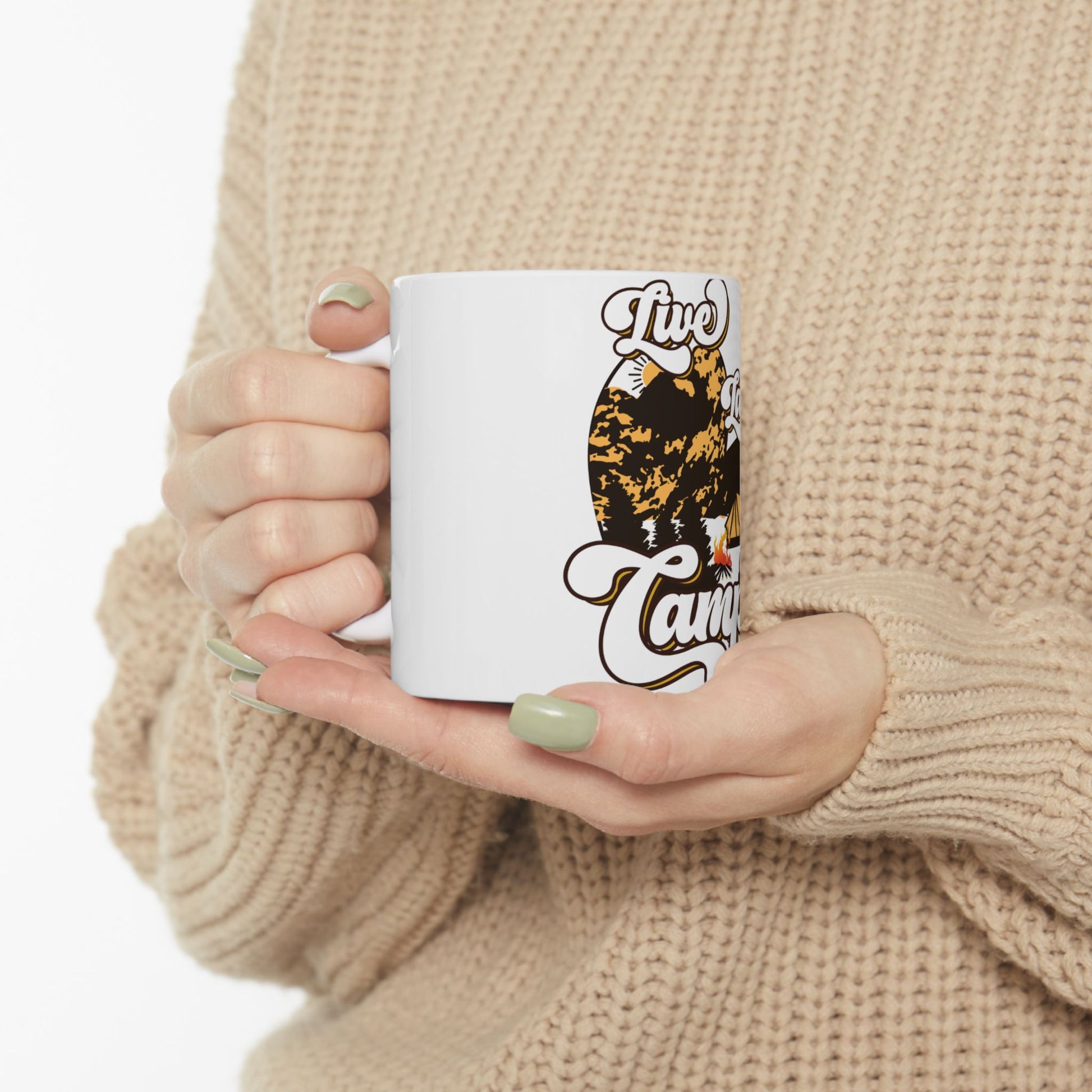 White mug with "Five Camp" text and a nature graphic.