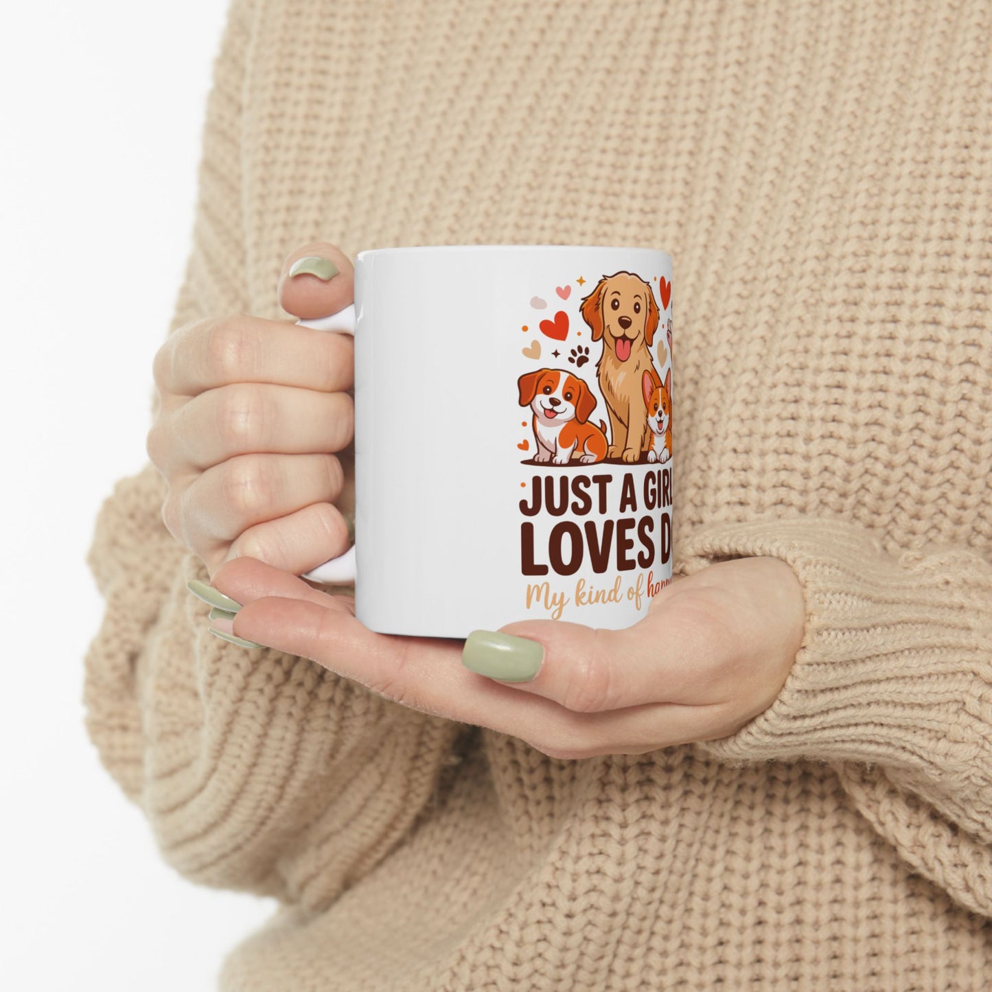 White mug with dogs, hearts, and text "Just a girl who loves her kind of home".