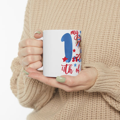 Mug with "my 1st 4th of July" text and patriotic illustration.