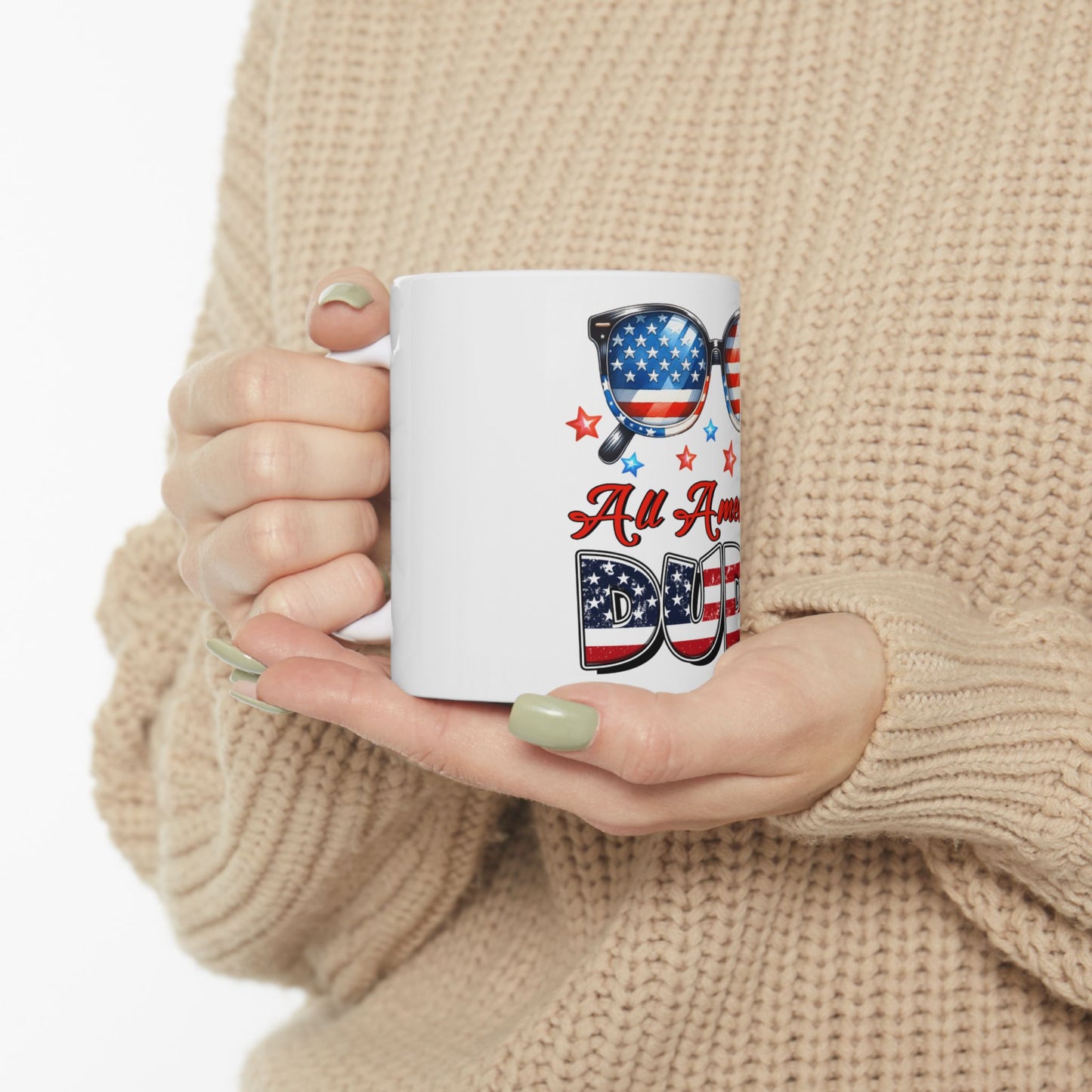 White mug with "All American Dad" text and patriotic sunglasses design.