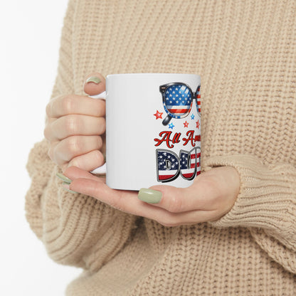 White mug with "All American Dad" text and patriotic sunglasses design.