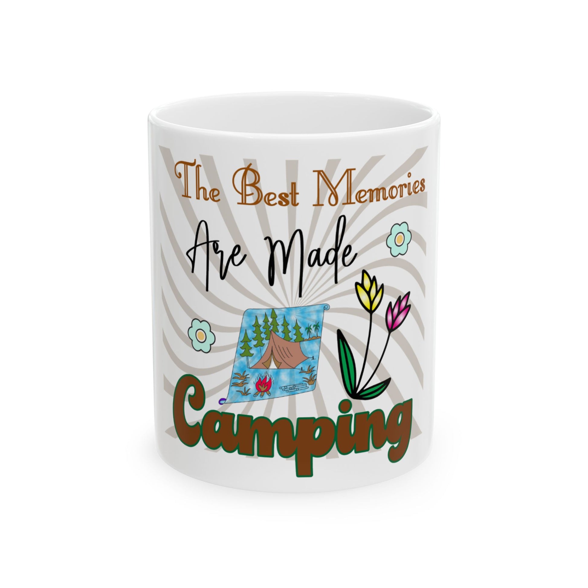 Mug with "The Best Memories Are Made Camping" text and floral illustrations.