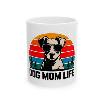 Dog Mom Life mug with a dog wearing sunglasses and a sunset background.