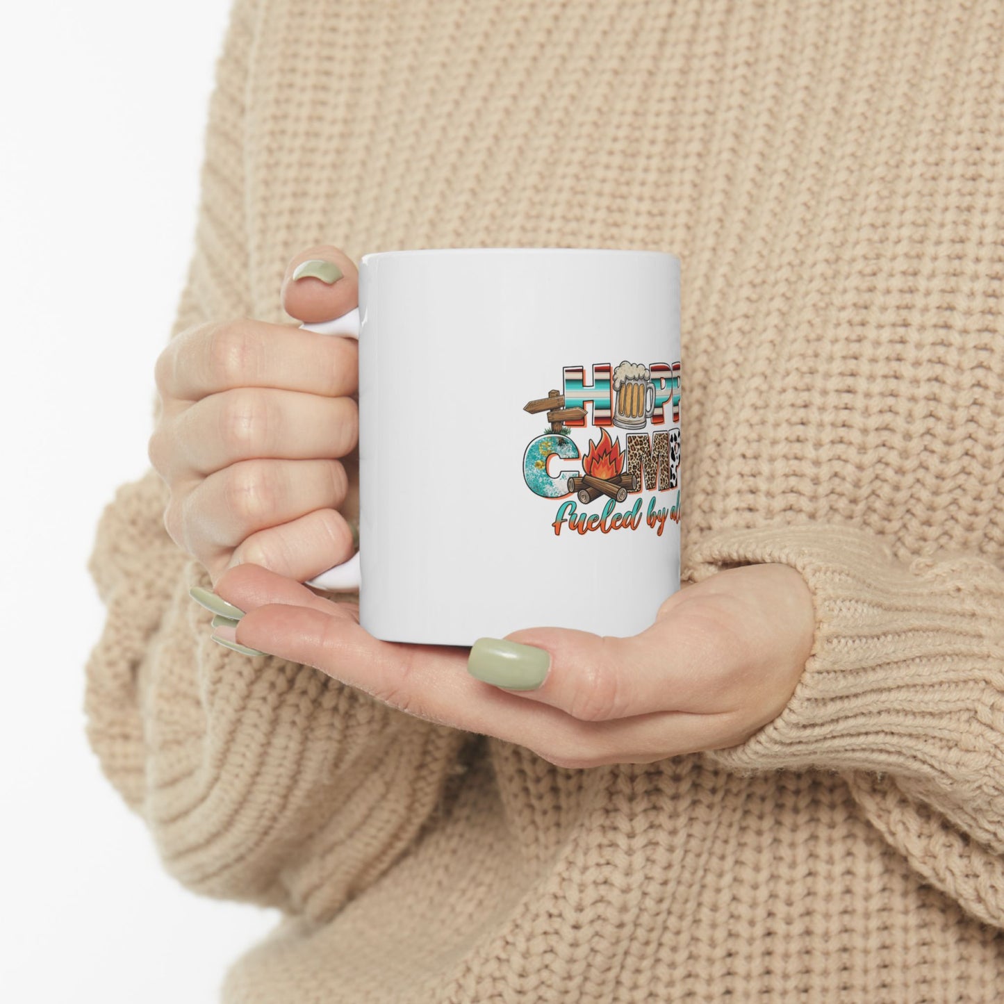 White mug with "Campfire Fueled by Coffee" text and camping graphics.