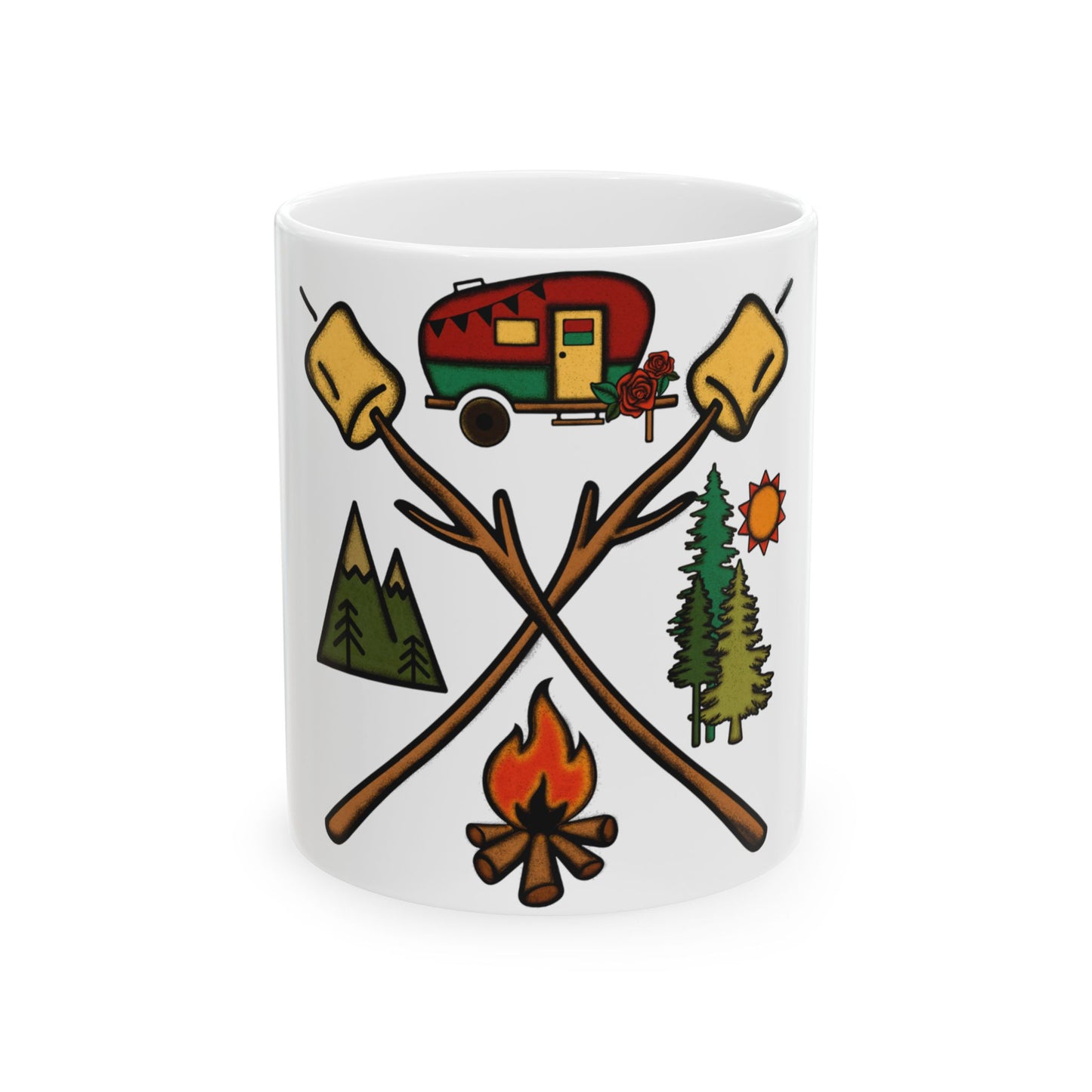 Camping scene with camper, campfire, trees, mountains, and marshmallows.