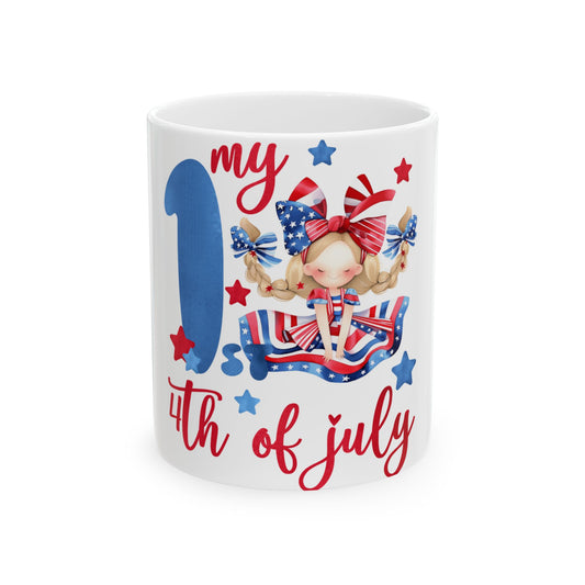 Mug with patriotic girl and "my 1st 4th of July" text.