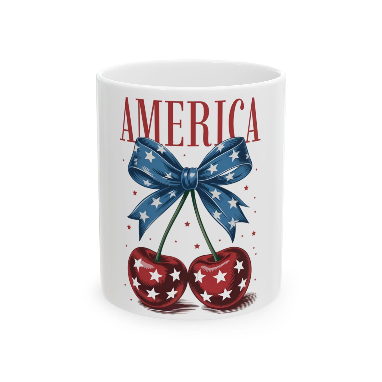 Mug with "AMERICA" text, red cherries, and blue bow with white stars.