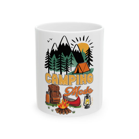 Mug with "Camping Mode" text, tent, campfire, and lantern illustration.